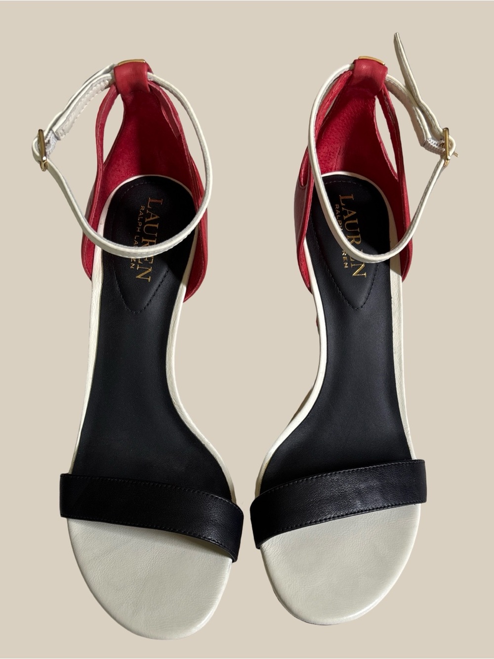 Lauren Ralph Lauren Gretchen Leather Stiletto Ankle Strap Heels Red Black White - Picture 3 of 9